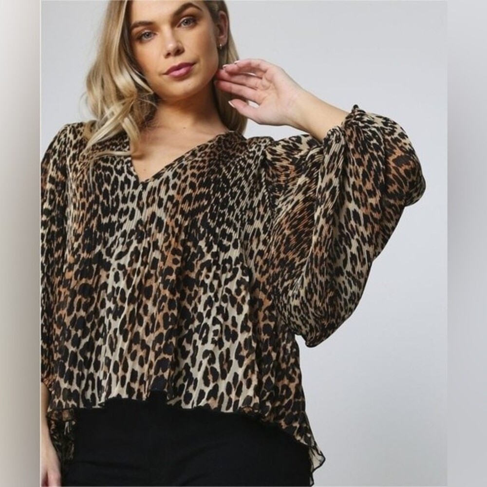 GANNI Georgette Pleated Leopard-Print Blouson Sleeve Blouse Size 34/2 US
